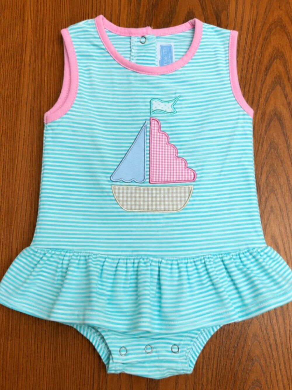 Like New 18m Trotter Street Stripe Sailboat One-Piece with Pink Trim
